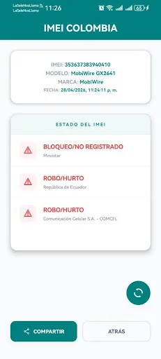 ดาวน์โหลดแอป IMEI COLOMBIA ล่าสุด – ตรวจสอบสถานะโทรศัพท์ฟรี - Screenshot 2