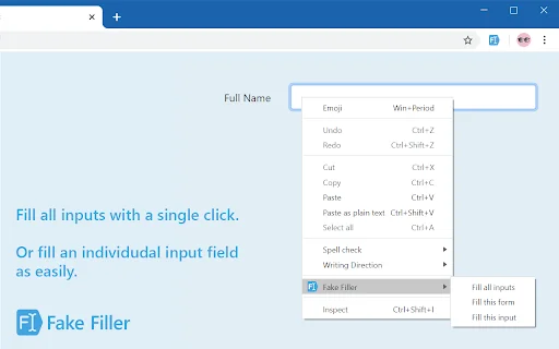 ดาวน์โหลด Fake Filler ล่าสุด – ส่วนขยายกรอกฟอร์มทดสอบฟรี - Screenshot 1